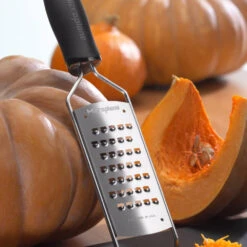 Microplane Gourmet Series Extra Coarse Grater, Black -Peuget Knives Shop MP45008 Microplane Gourmet Extra Coarse Grater with Pumpkin