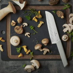 Swiss Modern Colors 7.5" Granton Edge Santoku Knife In Olive Green By Victorinox -Peuget Knives Shop VF6905617K6B Swiss Modern Colors Santoku with Mushrooms