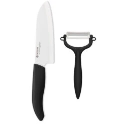 Kyocera Revolution 5.5" Ceramic Santoku Knife And Y-Peeler Set, Black Handle